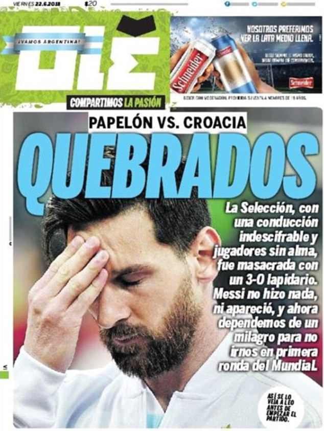阿根廷0-3惨败克罗地亚，各国媒体头版长啥样？