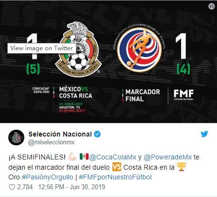 墨西哥大战哥斯达黎加，双方进行点球大战，6比5淘汰对手