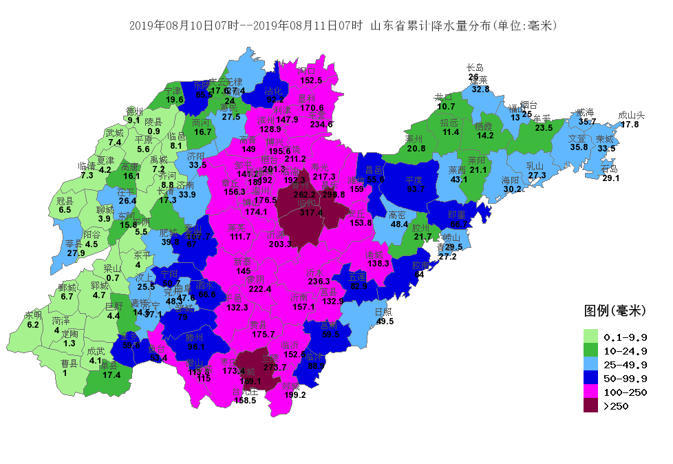 (本图为去年8月18日20时—8月19日20时的山东省降水分布图)