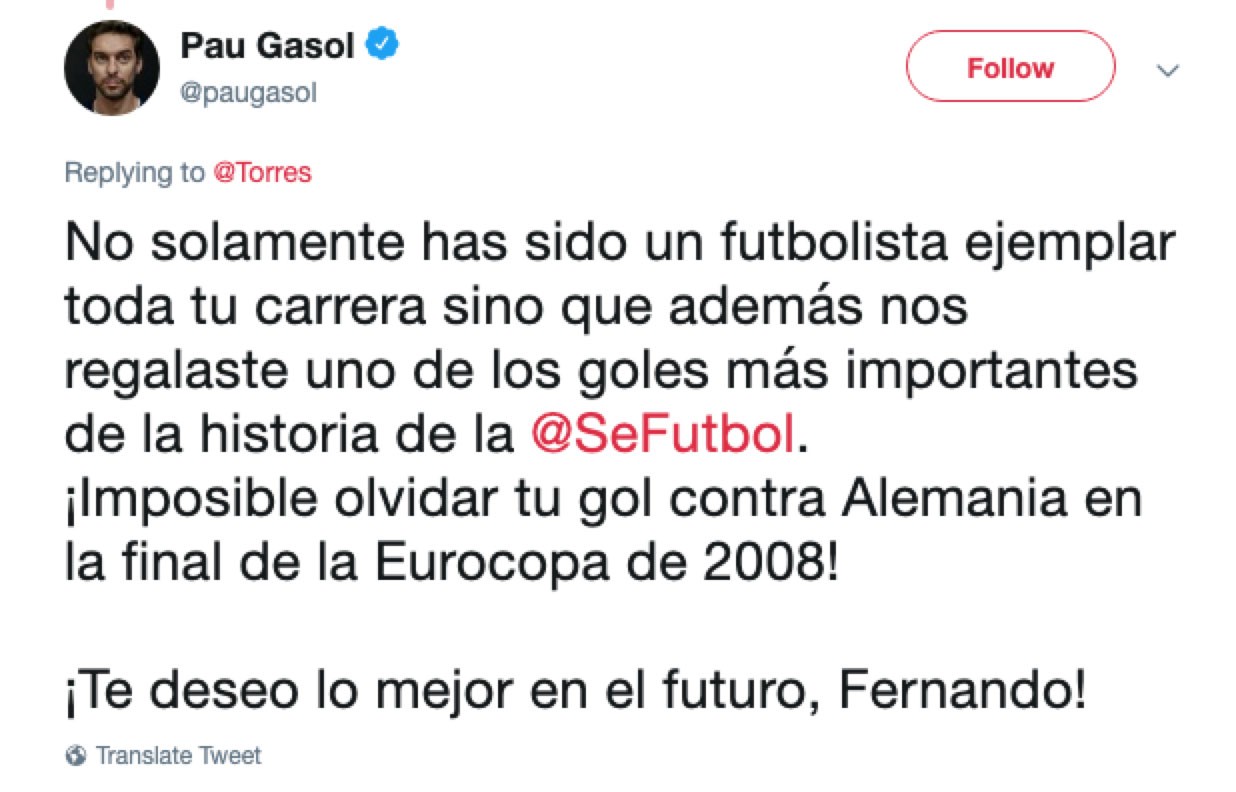 加索尔致敬托雷斯：不可能忘记你在2008年欧洲杯决赛进球