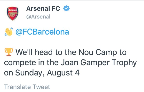 官方：阿森纳将参加8月4日的甘伯杯，对阵巴塞罗那