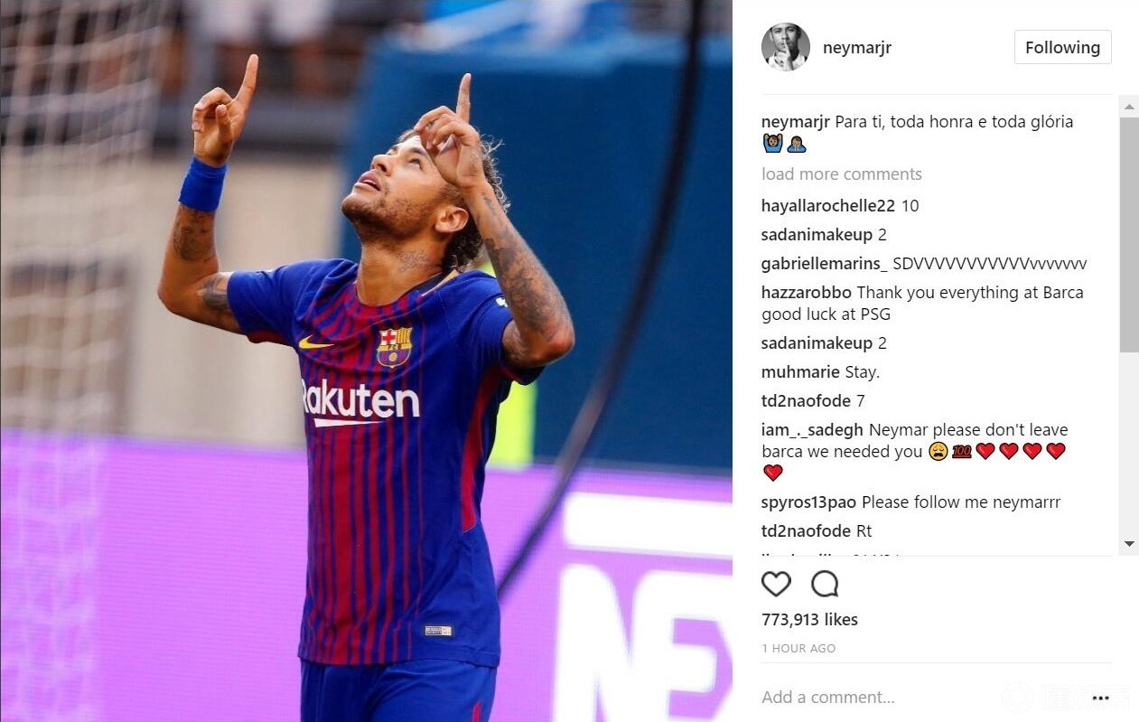 不走?内马尔发穿巴萨球衣ins