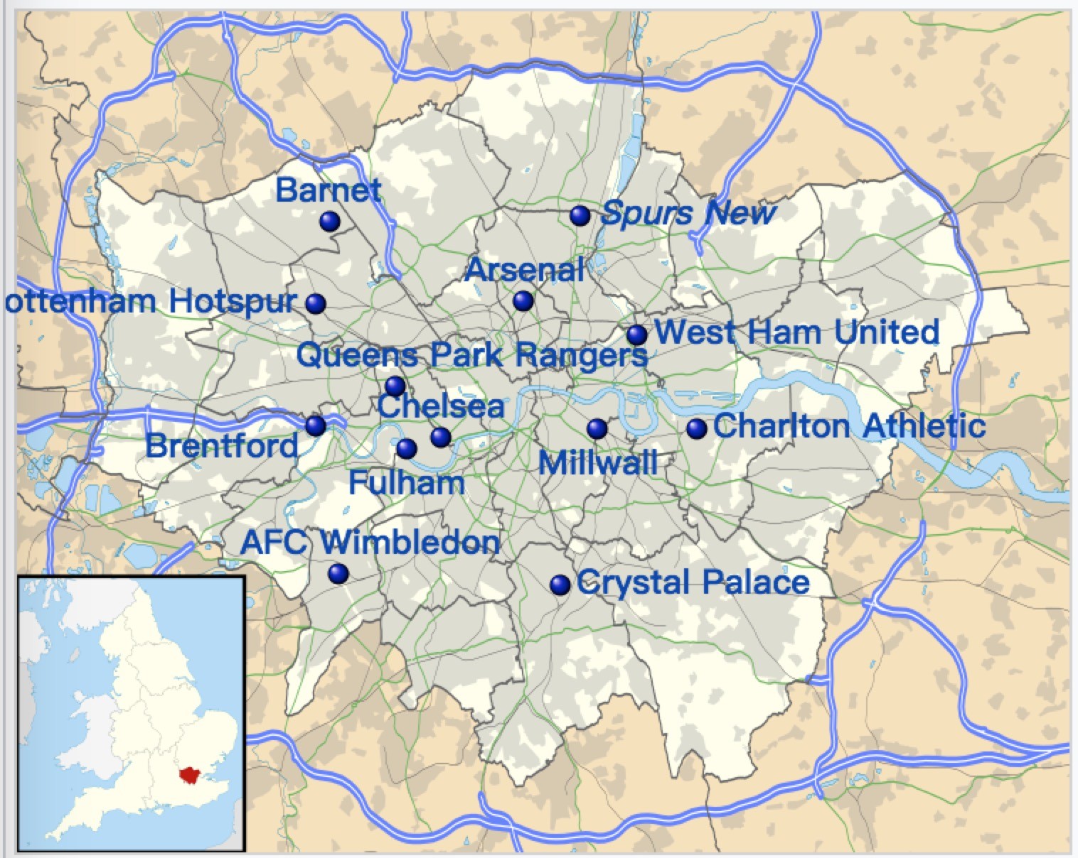 坐落于伦敦及伦敦周边的英超球会共有5家:阿森纳,切尔西,托特纳姆热刺