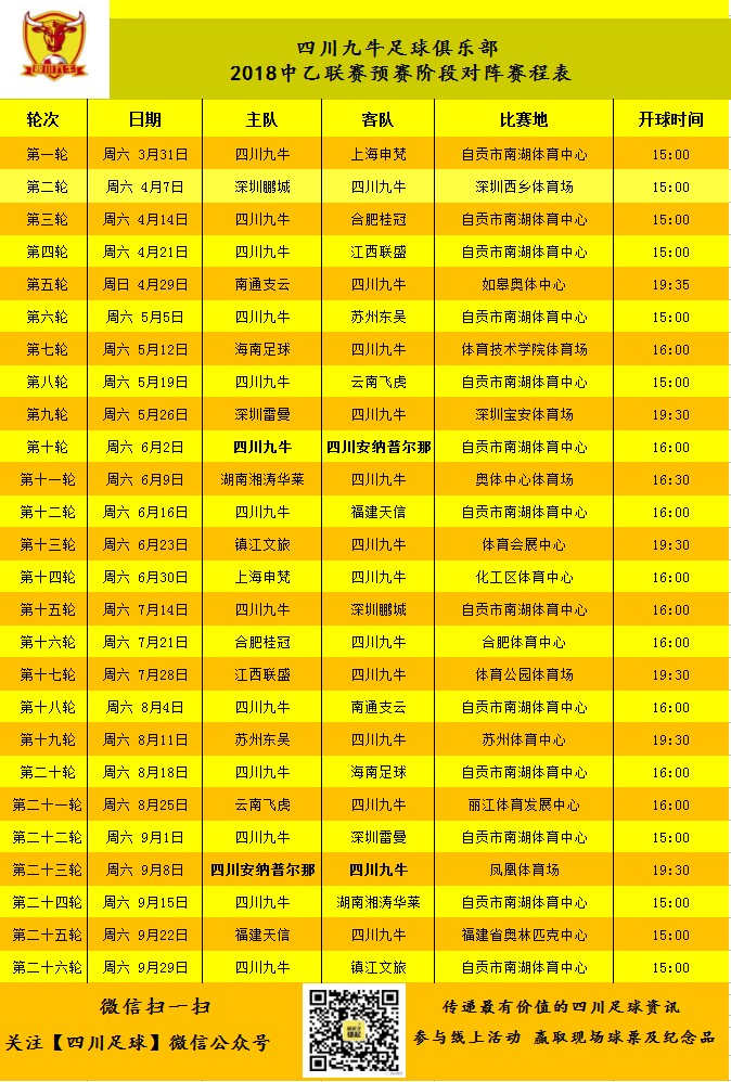 2018中乙联赛四川九牛和四川安纳预赛阶段赛程表