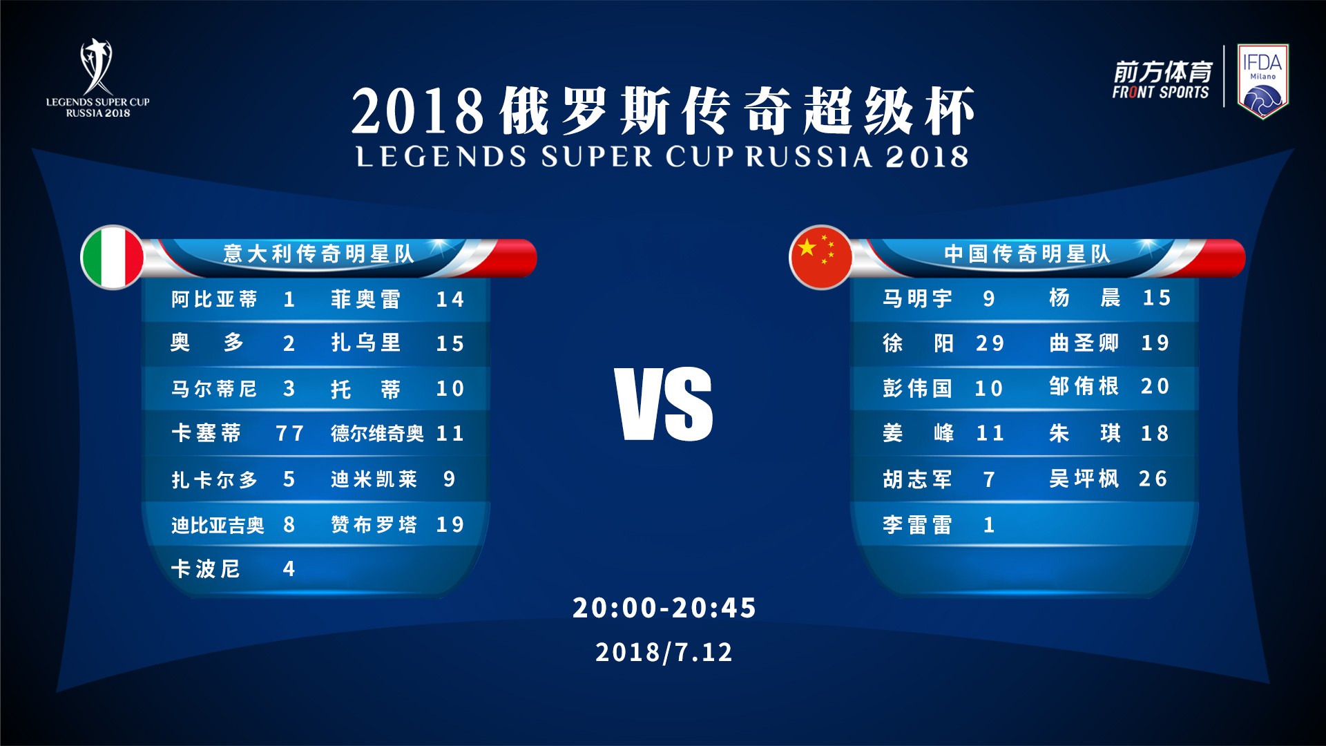 2018俄罗斯传奇超级杯今日赛程:中国迎战世界