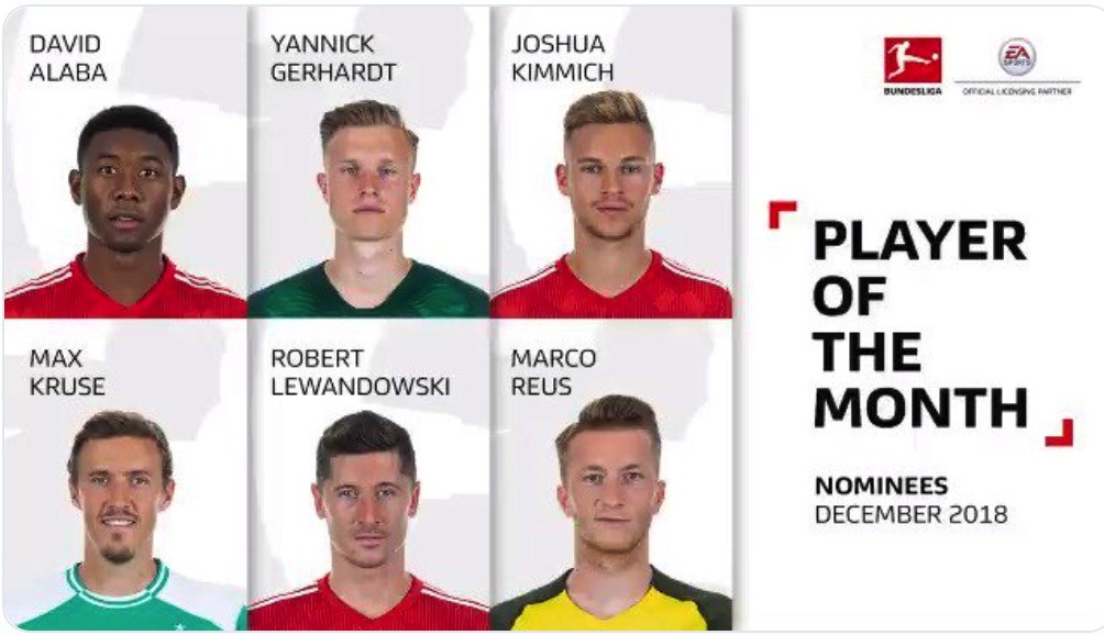 德甲官方公布了12月份德甲联赛的最佳球员候