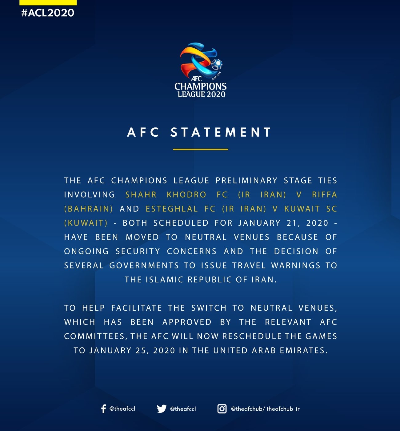 亚足联官方：两支伊朗球队的亚冠预赛移至中立场地进行