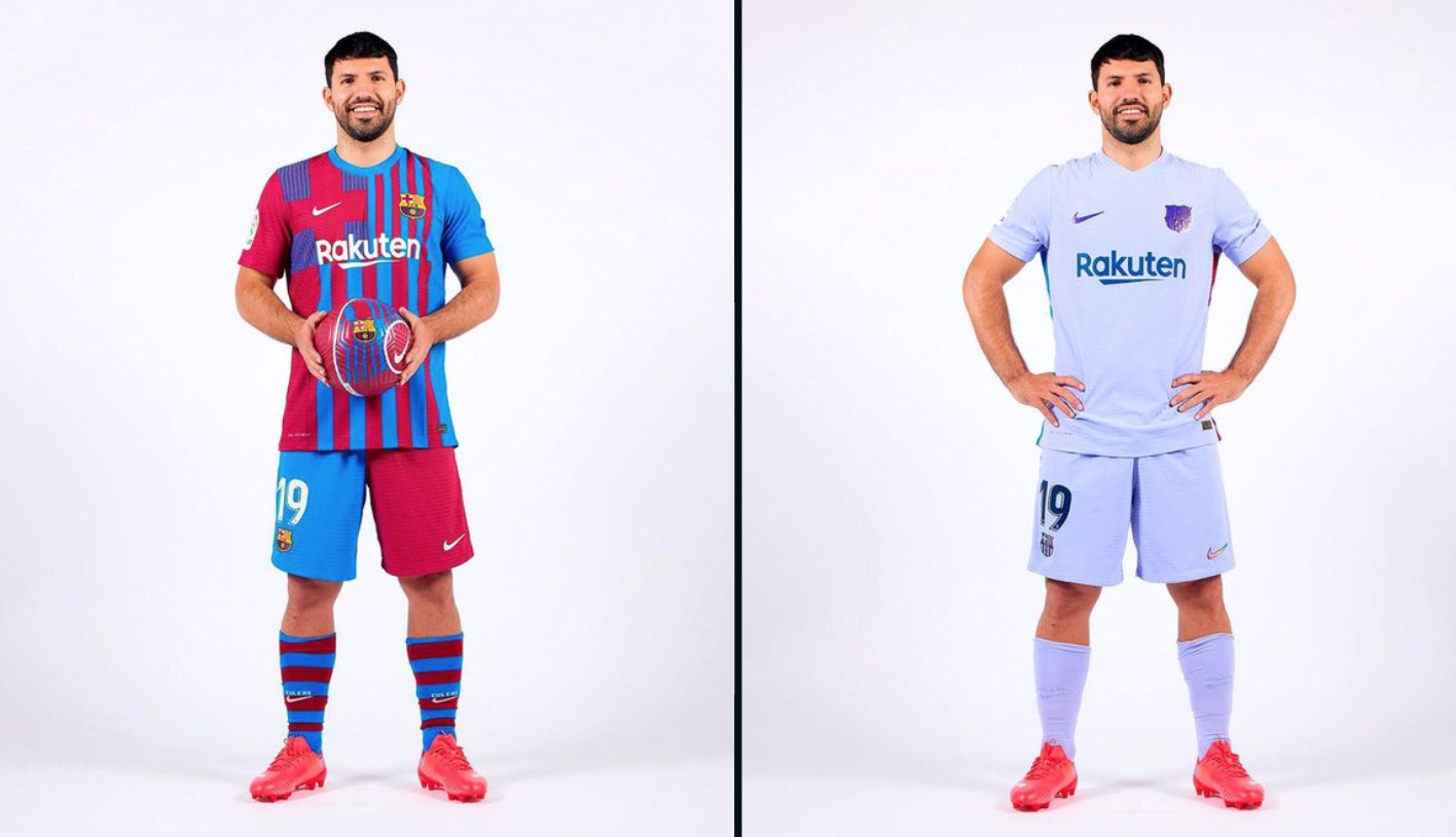 阿圭罗晒身着巴萨主客场球衣定妆照,展现出自信笑容