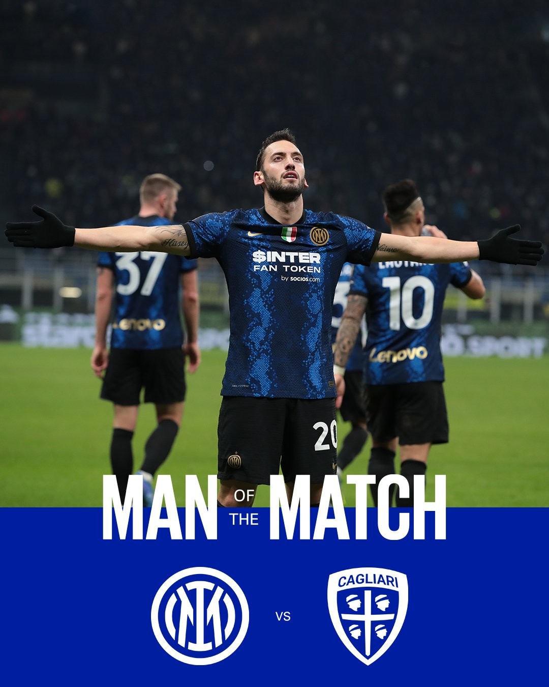 国米官方恰尔汗奥卢当选大胜卡利亚里一役队内最佳球员