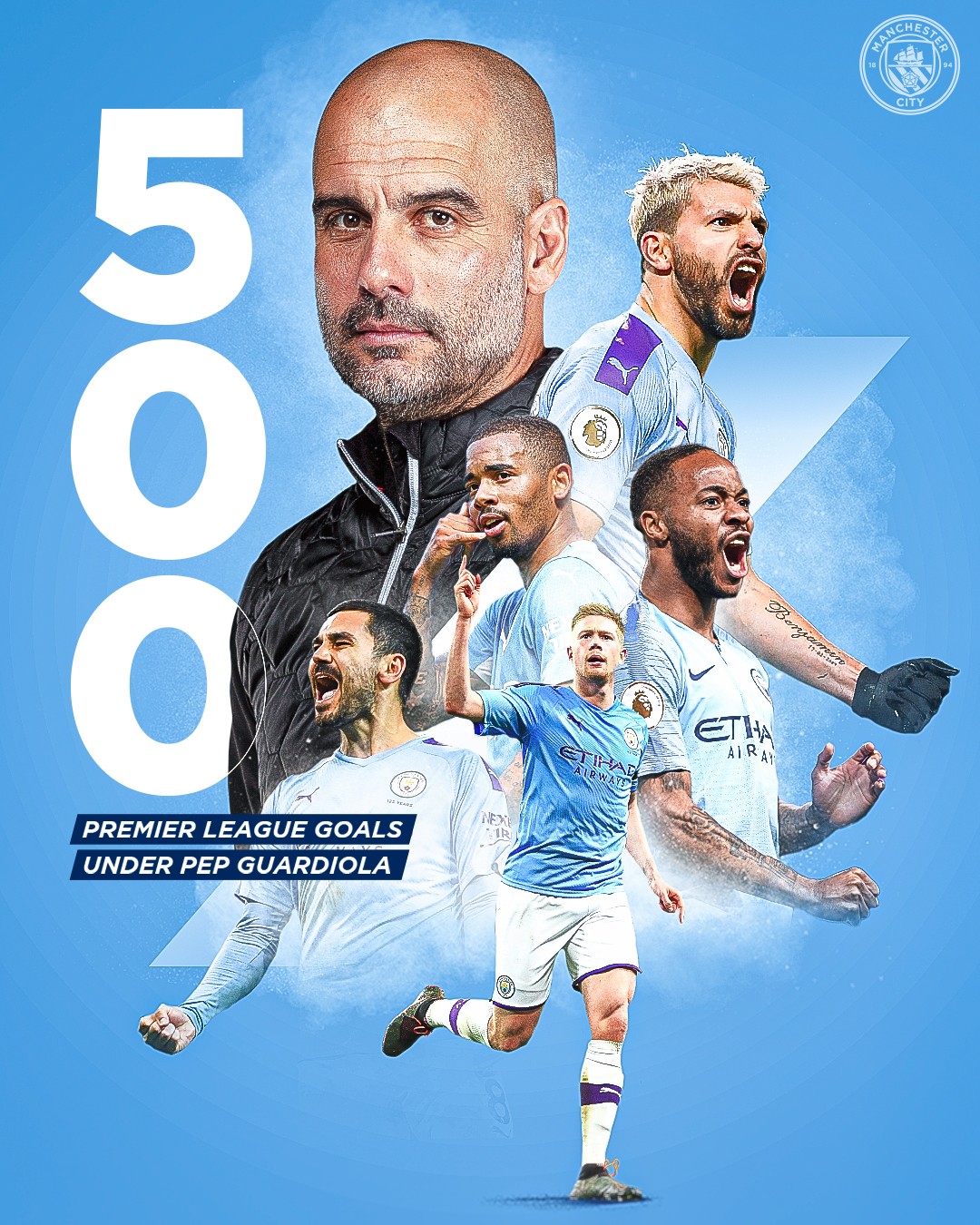 瓜帅成英超达成500球里程碑最快主帅曼城官方晒海报庆祝