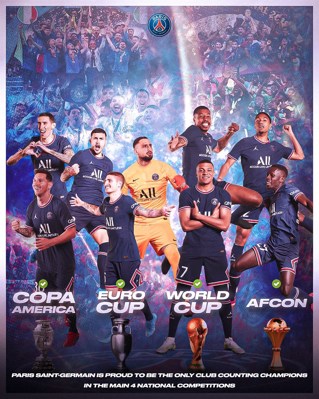 巴黎圣日耳曼晒队内洲际冠军球员海报这里是巴黎