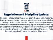 因对阵富勒姆赛后发表不当言论，热刺主帅图多尔被英足总指控