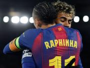 拉菲尼亚巴萨生涯欧冠淘汰赛已打入9球，仅次于MSN